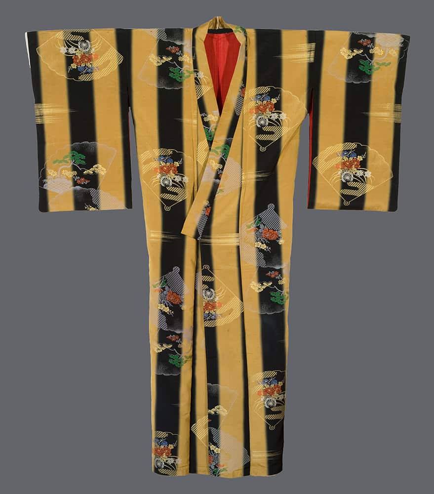 Traditional Japanese kimono with yellow and black stripes and floral design