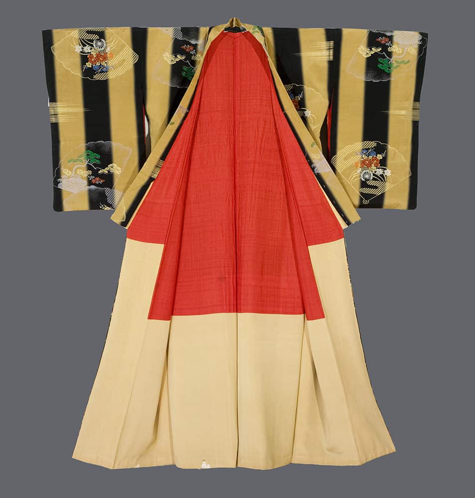 Traditional Japanese kimono with red and gold patterned sleeves