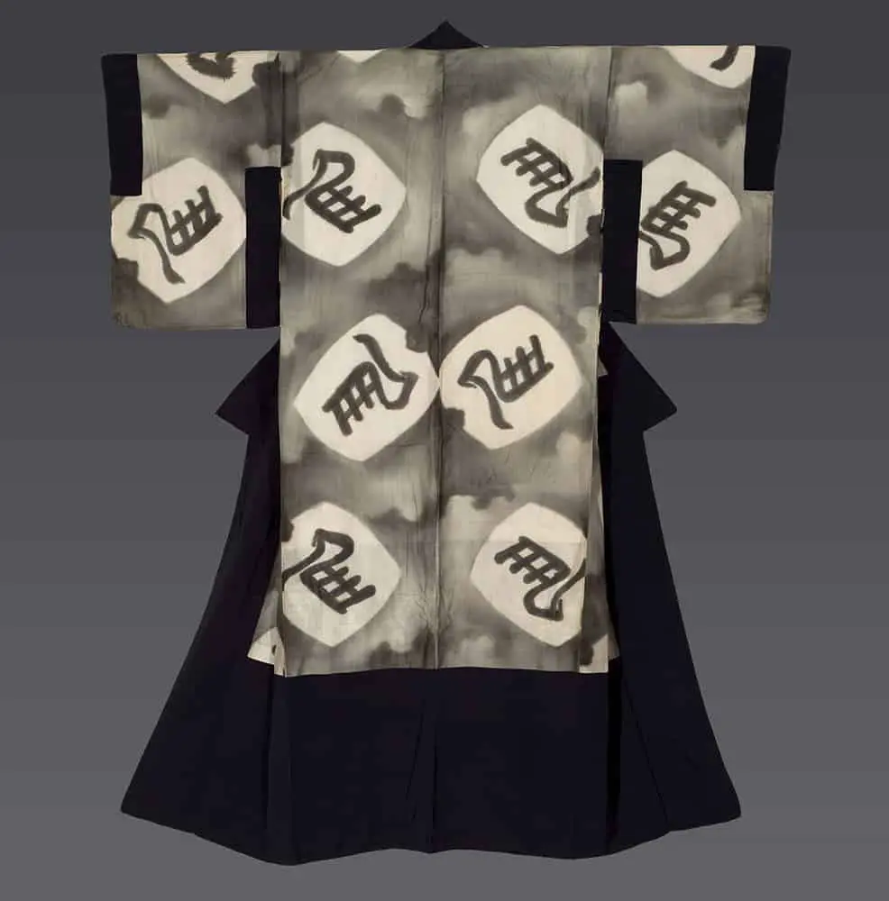 Museum-Quality Japanese Wall Art: Antique 1920s Taisho Silk Dounuki Undergarment. Sumi-nagashi Ink-Wash Atmospheric Gray Tones with Large Resist-Dyed 'Horse' Kanji Calligraphy; Minimalist Zen Statement Textile.