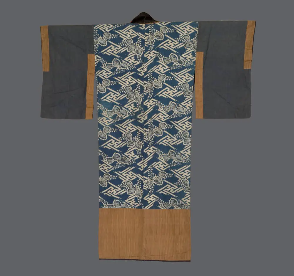 Late Edo Dounuki Kimono. Katazome Resist-Dyed Kiri Paulownia and Lattice on Indigo Silk for High-End Interior Design.
