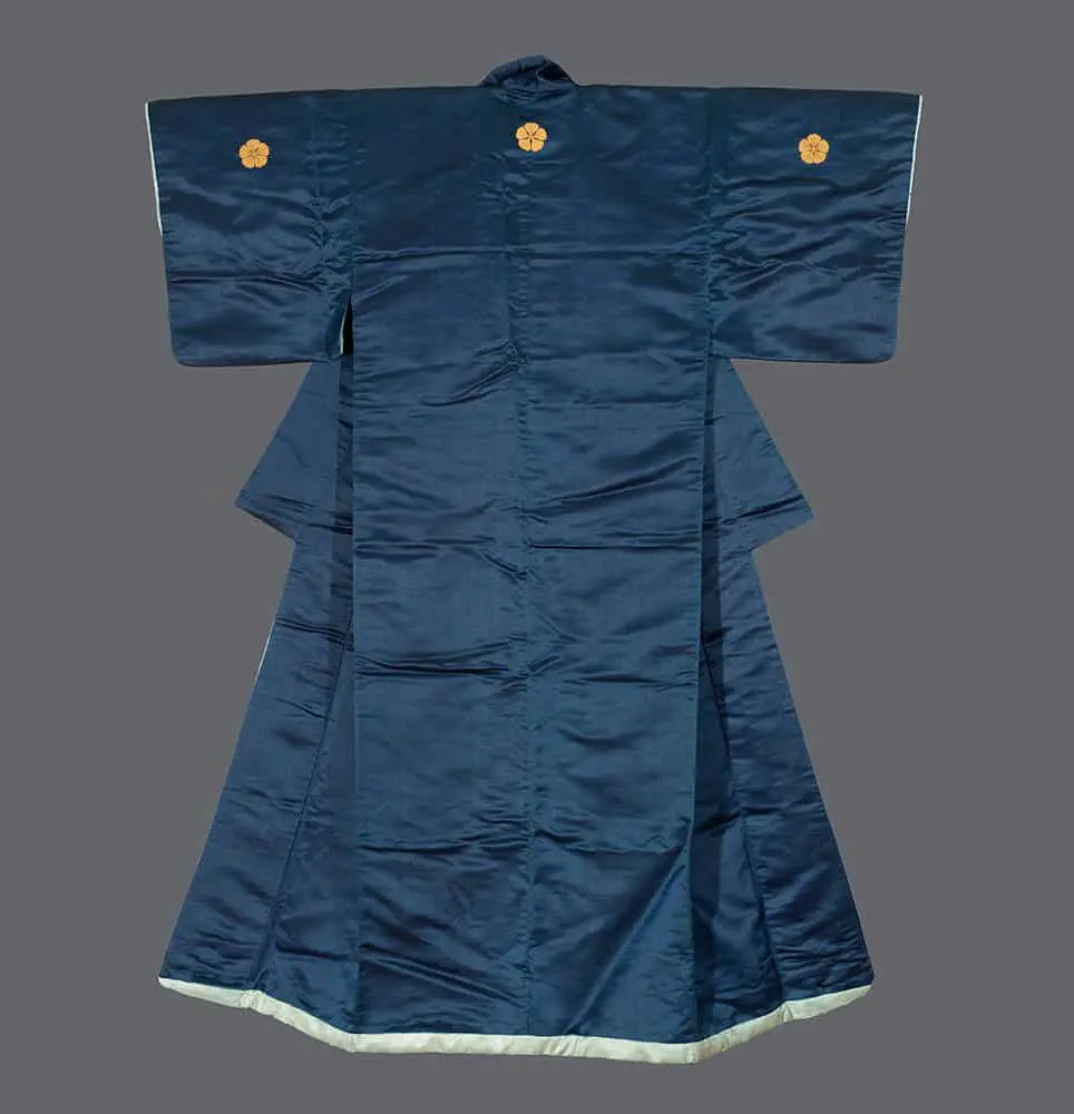 Meiji Shusu Silk Uchikake. Deep Indigo with Five Golden Embroidered Family Crests for High-End Interior Design.