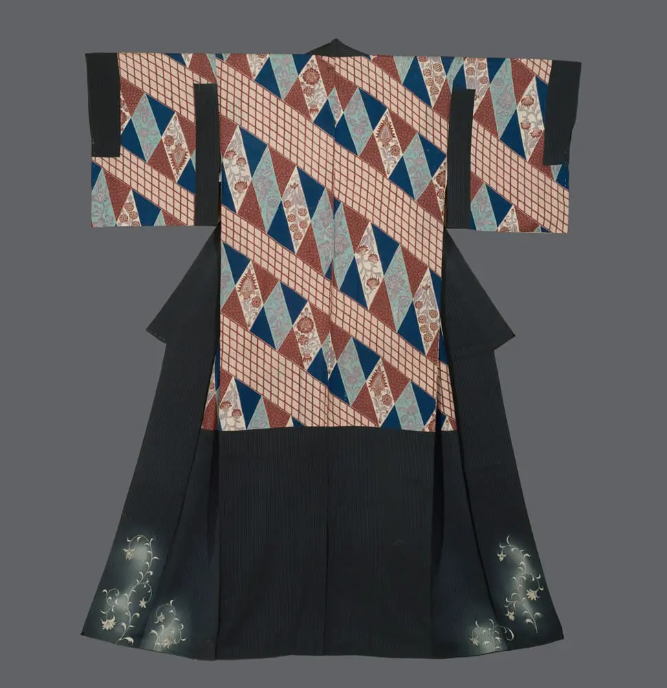 Art Deco Kimono. Navy and Burgundy Chevron Lattice with Yuzen Hand-Painted Flowers on Silk for Interior Design.