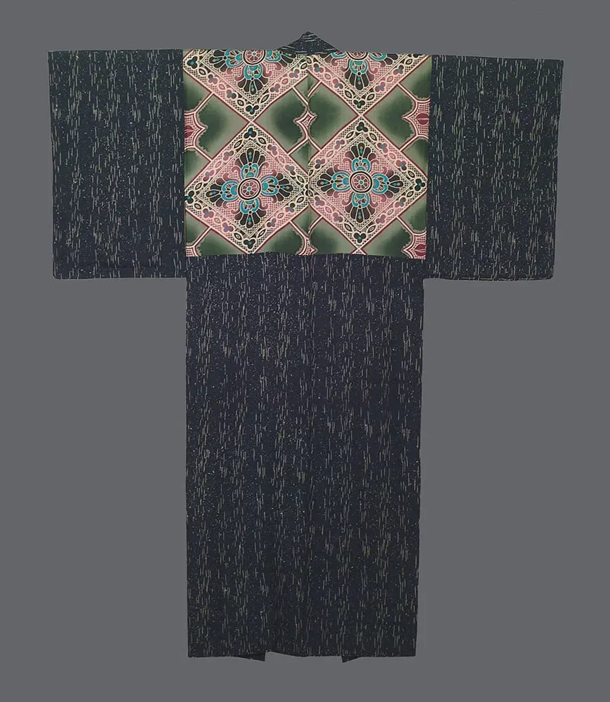 Taishō inner kimono with dark striped ground and ornate silkscreened chest panel of diamond lattices, rosettes, and star motifs in sage, coral, turquoise, and cream