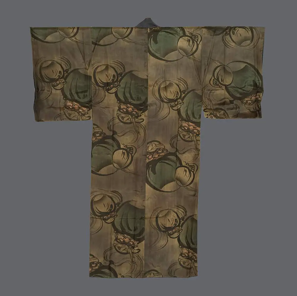 Silk juban with repeating earth‑toned Daruma figures integrated into swirling Art Nouveau‑like curves and mid‑century modern geometric sensibilities