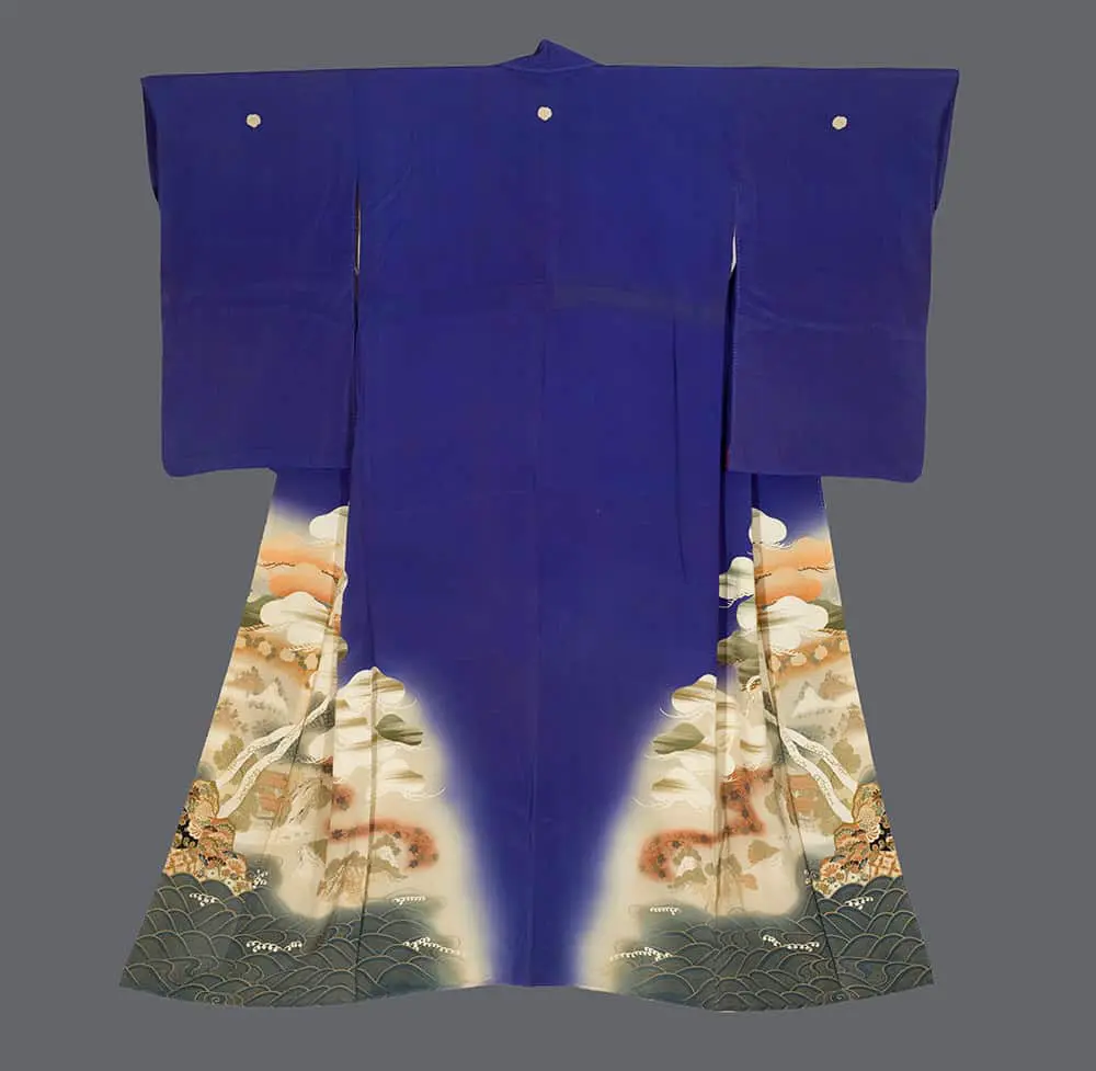 Silk irotomesode with royal‑blue upper field and lower pine and seascape motifs in earth tones, featuring seigaiha waves and influences from color‑field and geometric abstraction