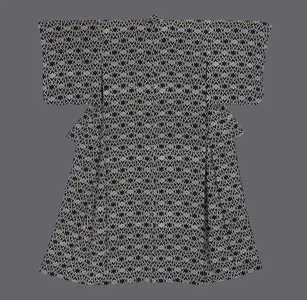 Katazome silk kimono with crisp white geometric lattice and stylized floral medallions on deep black ground, featuring dense patterning and red silk lining 