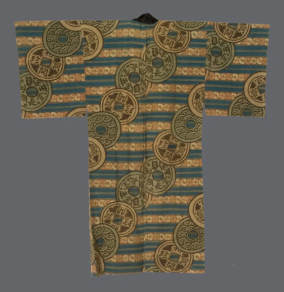 Cotton katazome juban with large zeni coins and diagonal strings of smaller coins over teal and green‑gray stripes, symbolizing wealth and good fortune 