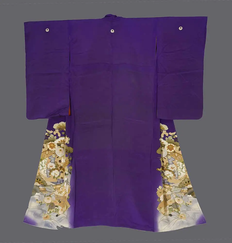 Silk irotomesode with golden, cream, and green florals and swirling vines silkscreened at the deep purple hem fading into an unadorned upper body