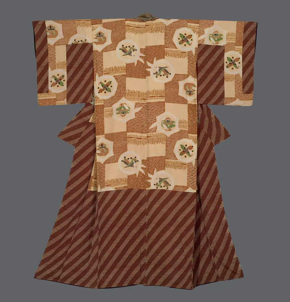 Silk dōunuki with ochre and cream rectangles, russet diagonal panels, and circular medallions of stylized birds and fans in a crisp silkscreened layout 