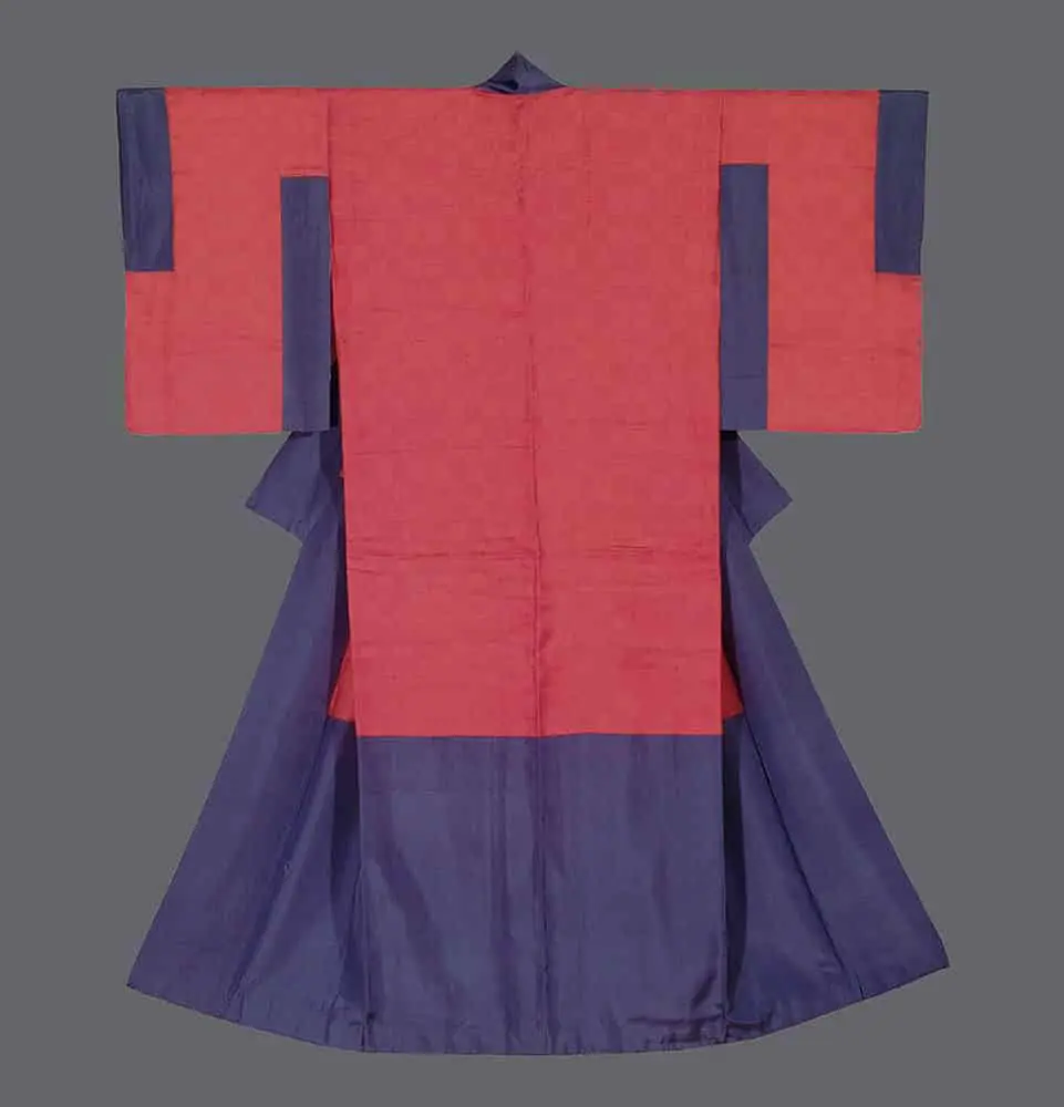 Art Deco Dounuki Kimono. Red silk with woven checkerboard pattern and contrasting deep purple lower panels.