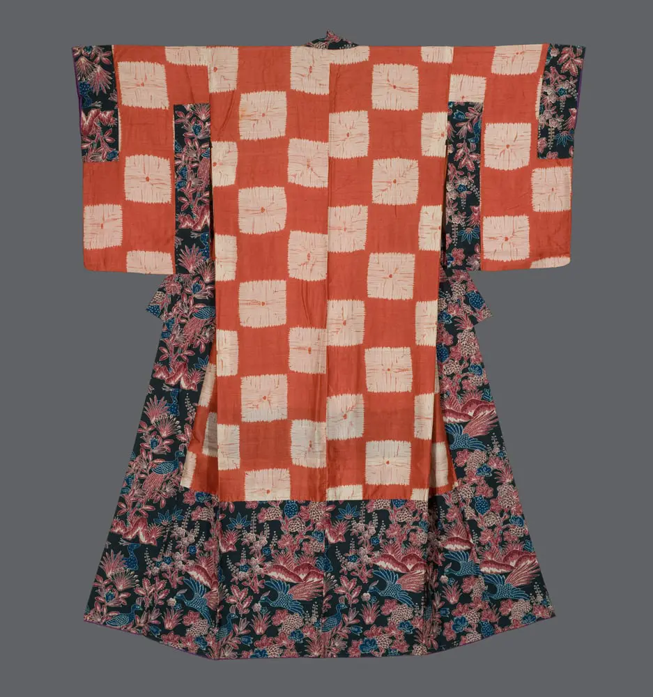 Dounuki Kimono. Silk with orange shibori checks and dark indigo katazome panels featuring phoenixes and flowers.