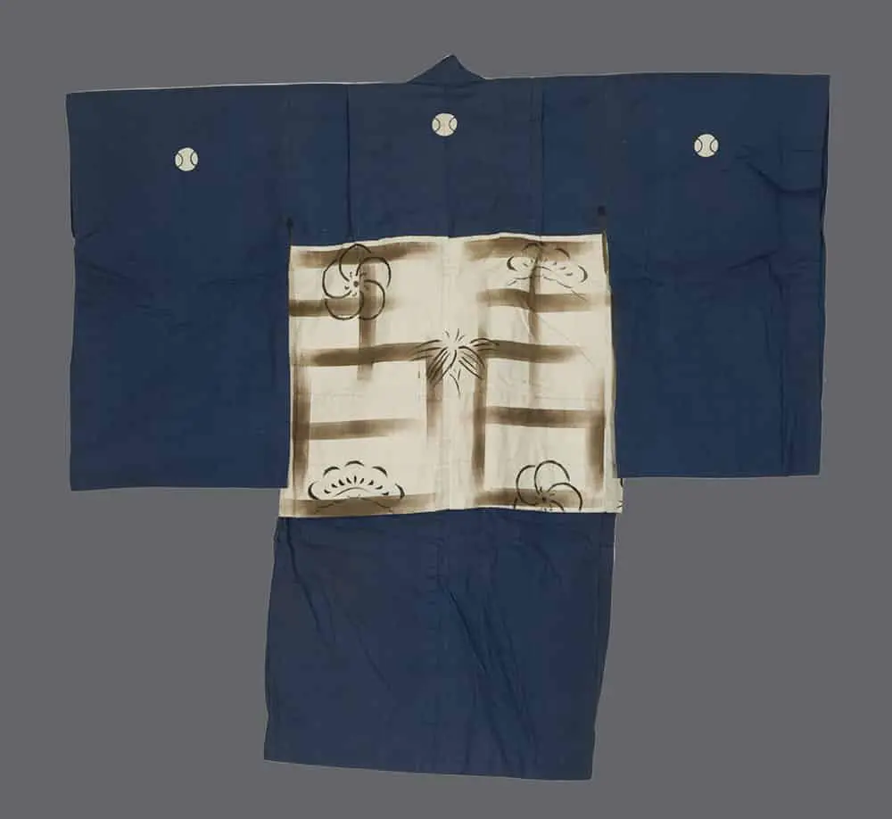 Indigo cotton boy's kimono with five family crests and a white band featuring sumi-e painted pine, plum, and bamboo.