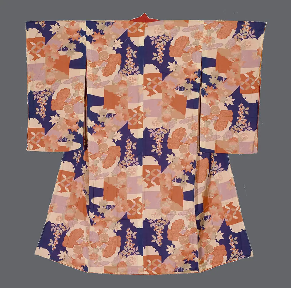 Printed cotton juban with a dense navy, coral, and lavender pattern of wisteria, maple leaves, and geometric blocks.