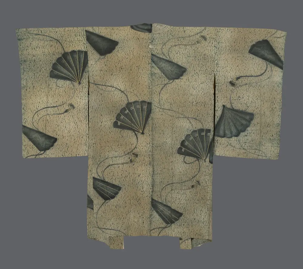 Transitional Japanese Fan Wall Art: Antique 1910s Green-Blue Shibori Silk Haori. Hand-Painted Rinzu Fans with Sagara Embroidery and Gold Metallic Inserts; Rare Meiji-Taisho Textile for High-End Period Decor