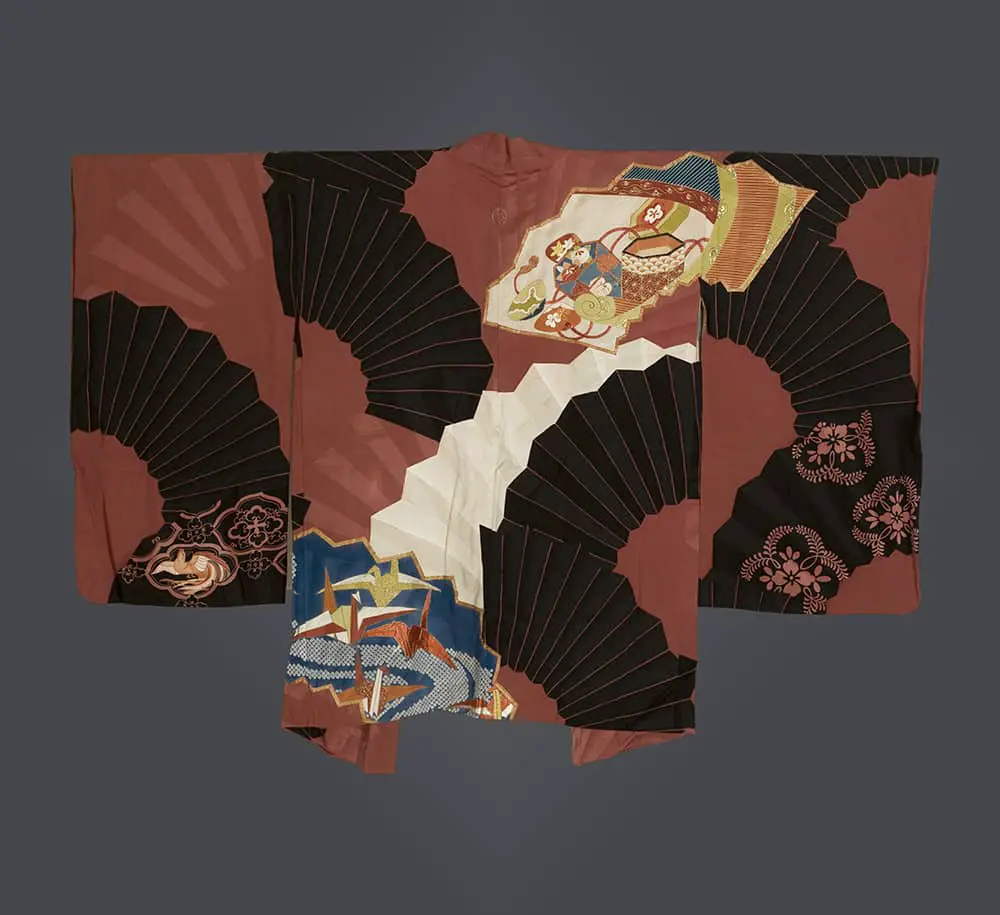 Modernist Japanese Silk Wall Art: Antique 1930s Yuzen-Painted Haori with Metallic Couched Fan designs. Art Deco Collage aesthetic reminiscent of Matisse Cut-outs; features Phoenix, Kaioke, and Shell motifs on Red and Black. Museum-Quality Textile Collectible