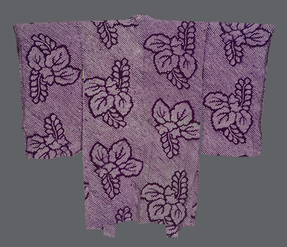 Minimalist Japanese Silk Wall Art: Antique Early Showa Shibori Paulownia in Tone-on-Tone Lavender and Deep Purple. Art Deco Textural Textile with Zen Ma Negative Space. Modernist Purple Wall Decor for Luxury Interiors