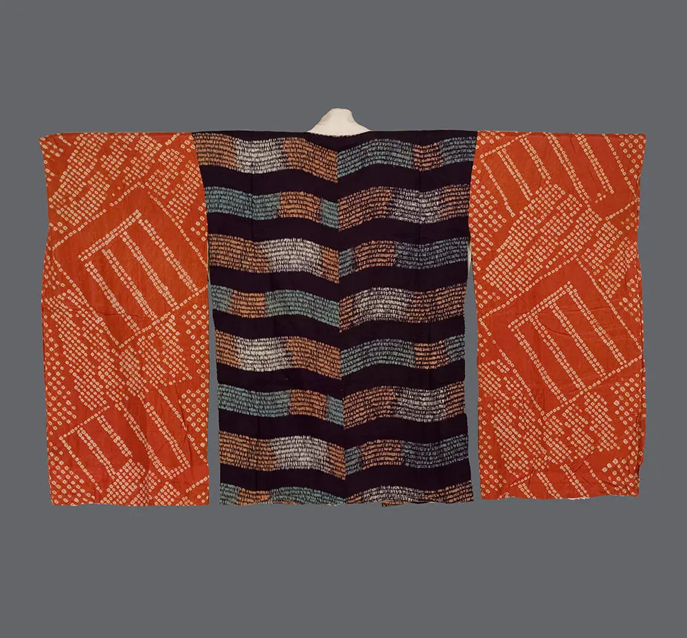 Taisho Han-Juban. Purple Silk Shibori Sleeves and Red Faux-Shibori Cotton Body for High-End Interior Design.