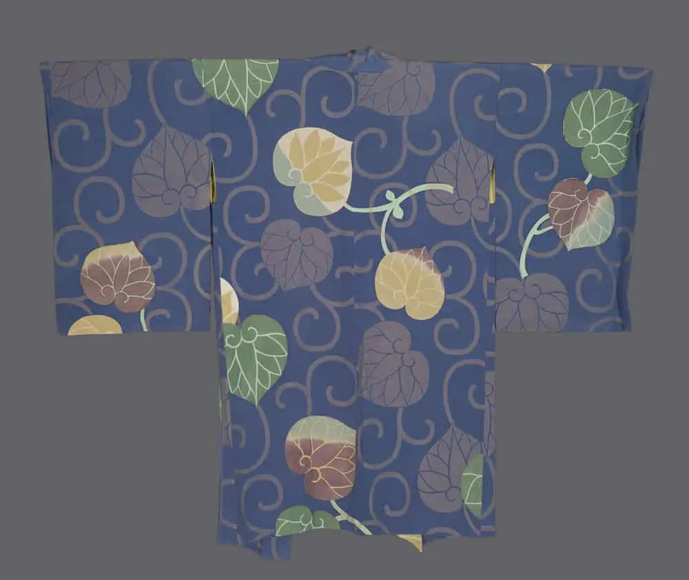 Art Nouveau Haori. Navy Silk with Burgundy and Gold Hollyhock Leaves and Silver Scrolling Vines for Interior Design.