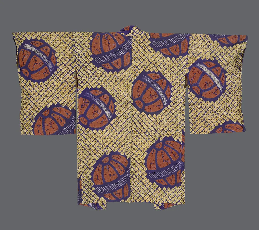 Art Deco Haori. Gold Diagonal Grid Shibori Silk with Terracotta and Navy Temari Balls for Interior Design.