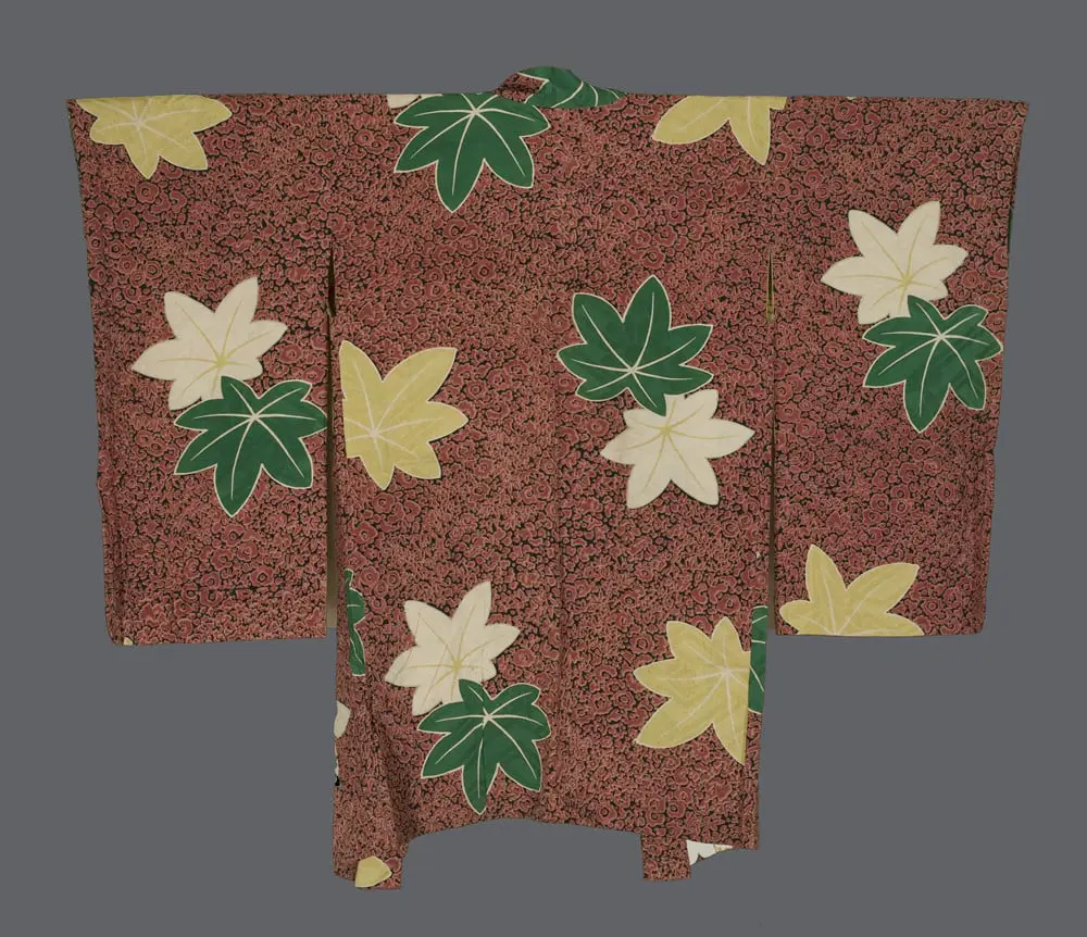 Taisho Haori. Navy Sayagata Rinzu Silk with Terracotta Cellular Ground and Emerald Green Maple Leaves for Interior Design.