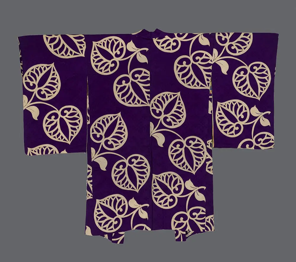 Taisho Haori. Purple Rinzu Silk with Cream Kata-Yuzen Stencil Hollyhock Leaves in Sukashi Openwork for Interior Design.