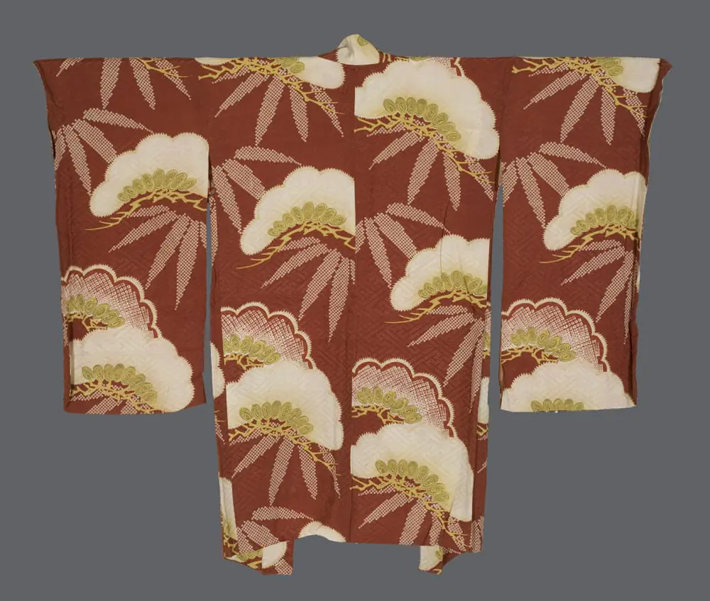 Taisho Haori. Rust-Red Sayagata Rinzu with Fan-Like Pine Boughs and White Bamboo Leaves for Interior Design.