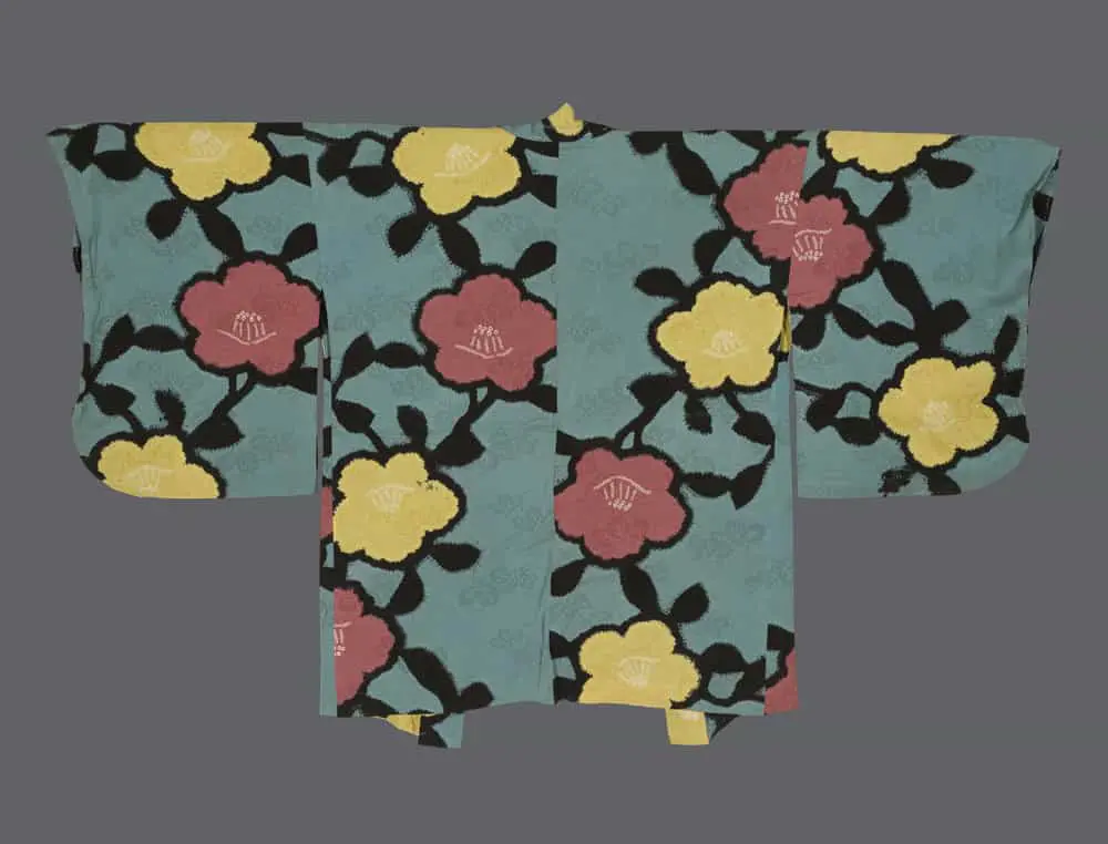 Art Deco Haori. Turquoise Sayagata Rinzu Silk with Coral and Yellow Shibori Camellia Flowers for Interior Design.