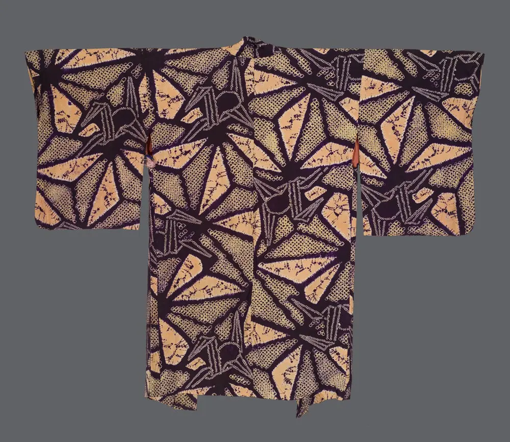 Art Deco Haori. Peachy Orange Silk with Purple Shibori Asanoha Stars and Origami Cranes for Interior Design.