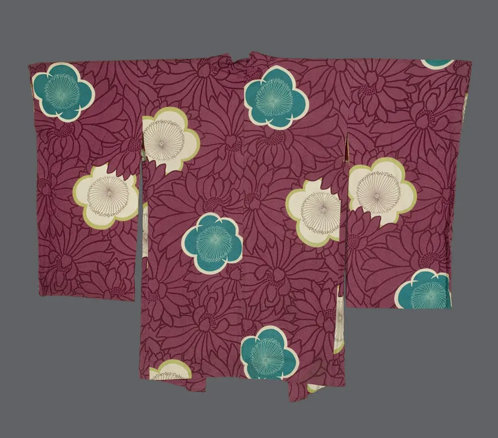 Art Deco Haori. Burgundy Sayagata Rinzu Silk with Teal and Pale Yellow Silkscreened Plum Blossoms for Interior Design.