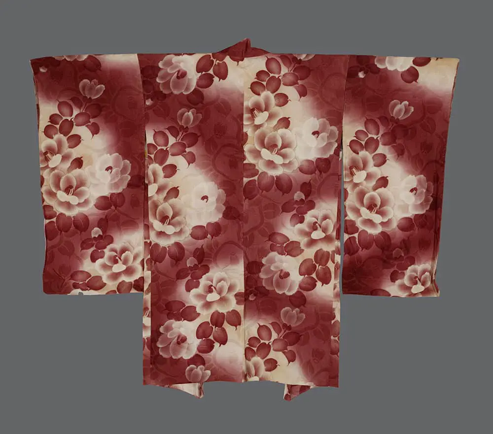 Art Nouveau Haori. Burgundy Rinzu Silk with Large-Scale Cream Camellia Blossoms and Gold Foil for Interior Design.