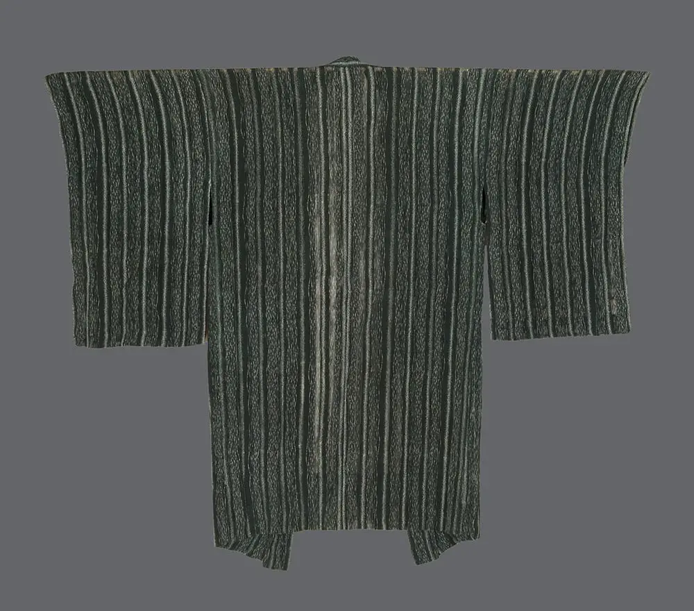Semi‑transparent silk summer haori with delicate white and pale green vertical striations on deep forest green, evoking cascading water and summer rain 