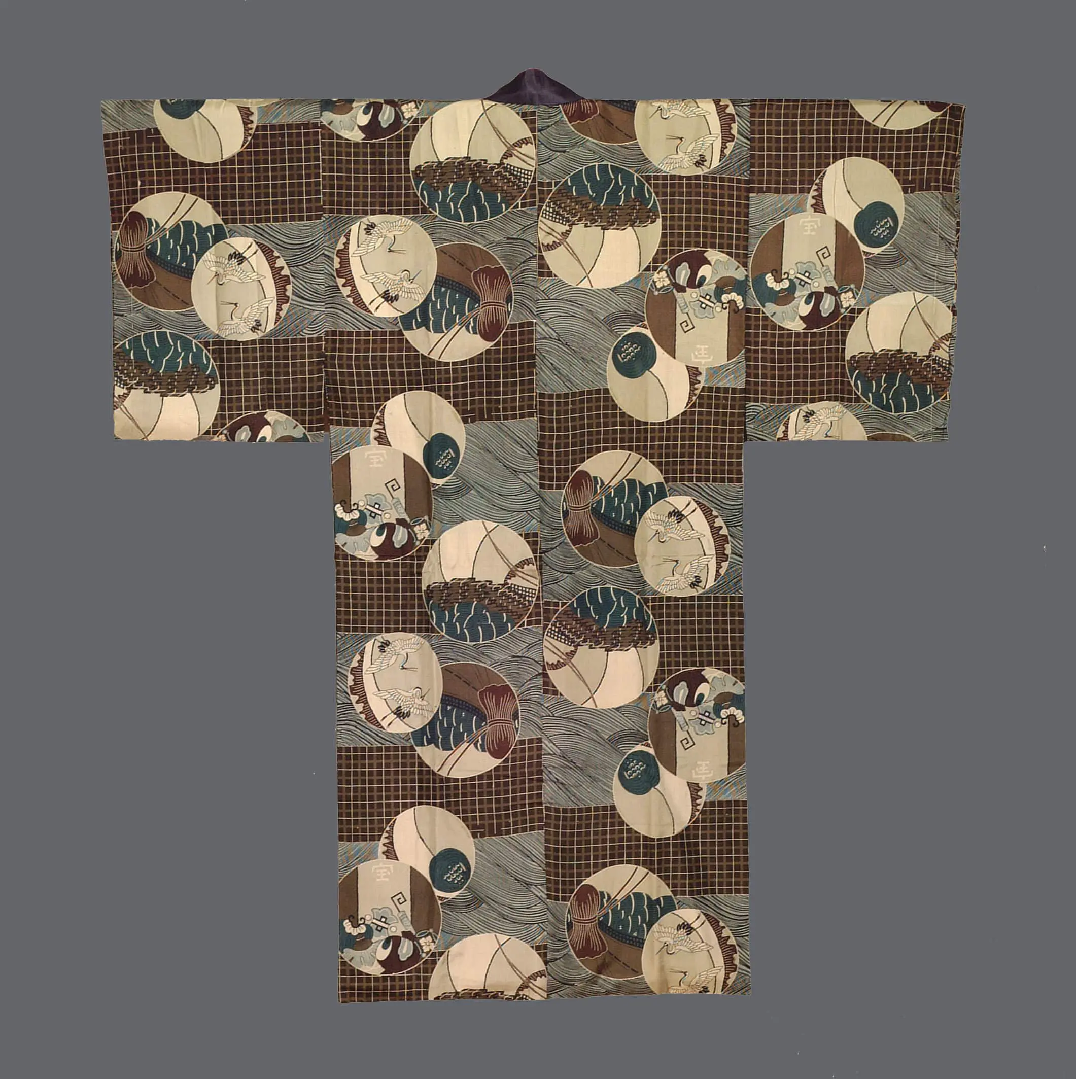 Silk juban with silkscreened circular medallions of cranes, stylized waves, and treasure‑ships in sepia and muted blues over a subtle geometric grid ground 