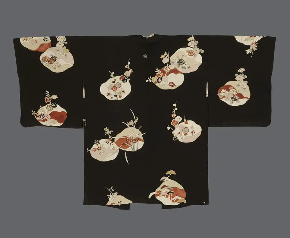 Silk haori with scattered yuzen‑dyed maru medallions of pastel florals outlined in surihaku gold foil on a deep black ground with a discreet single mon 