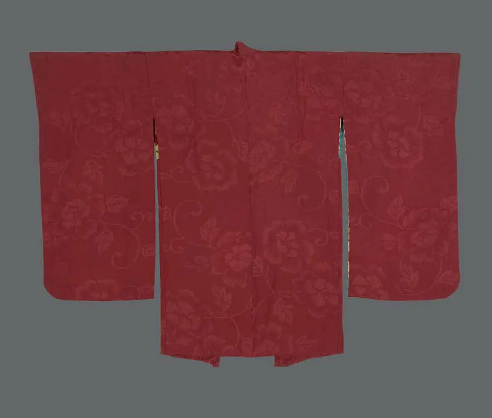 Taisho raspberry-pink rinzu silk haori with woven peony damask and a vibrant turquoise floral lining.