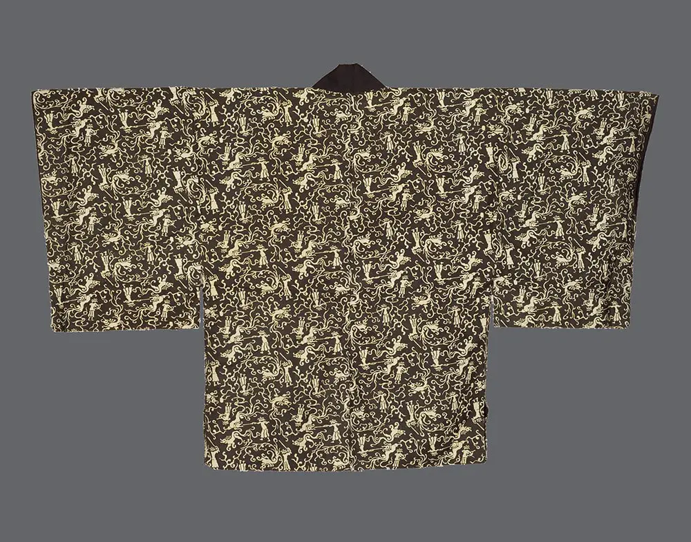 Charcoal silk man's juban with a dense ivory silkscreened pattern of archers, warriors, and mythical dragons.