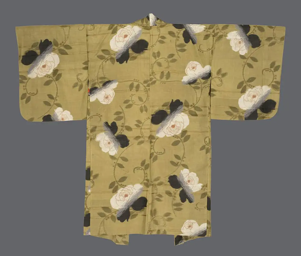 Olive-green meisen silk haori with large-scale white and charcoal rose blossoms and sweeping green vines.