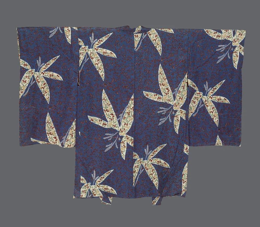 Medium-blue silk haori featuring large cream and green silk-screened bamboo leaves filled with tiny floral patterns.
