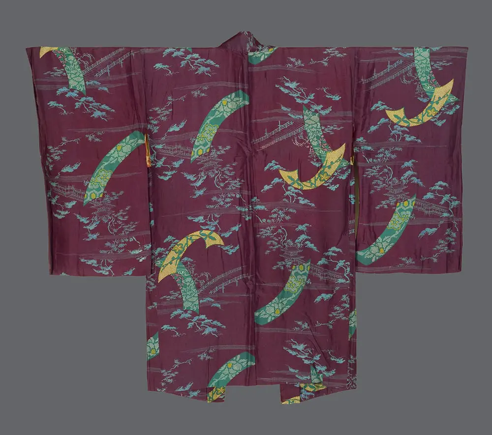 Plum-purple silk haori featuring a printed landscape scene with teal and gold noshi ribbon motifs.