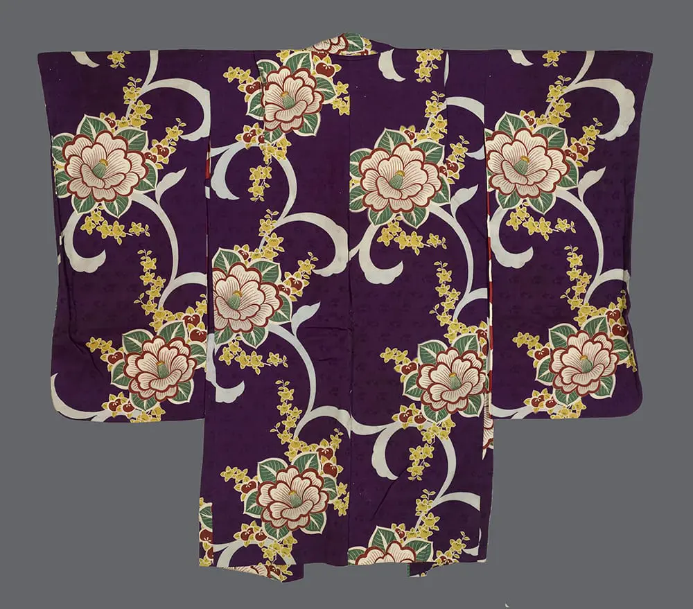 Deep purple silk haori featuring large cream and red silkscreened flowers with sweeping white vine patterns.