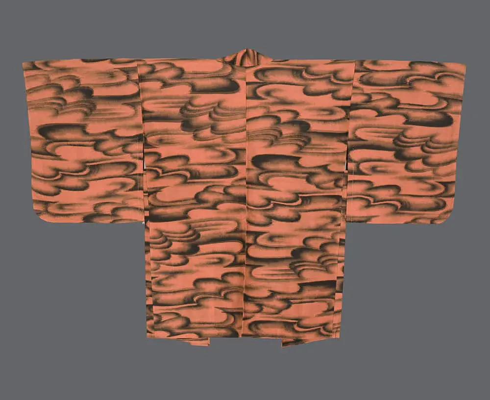 Coral-orange meisen silk haori featuring a bold all-over pattern of horizontal charcoal-black cloud formations.