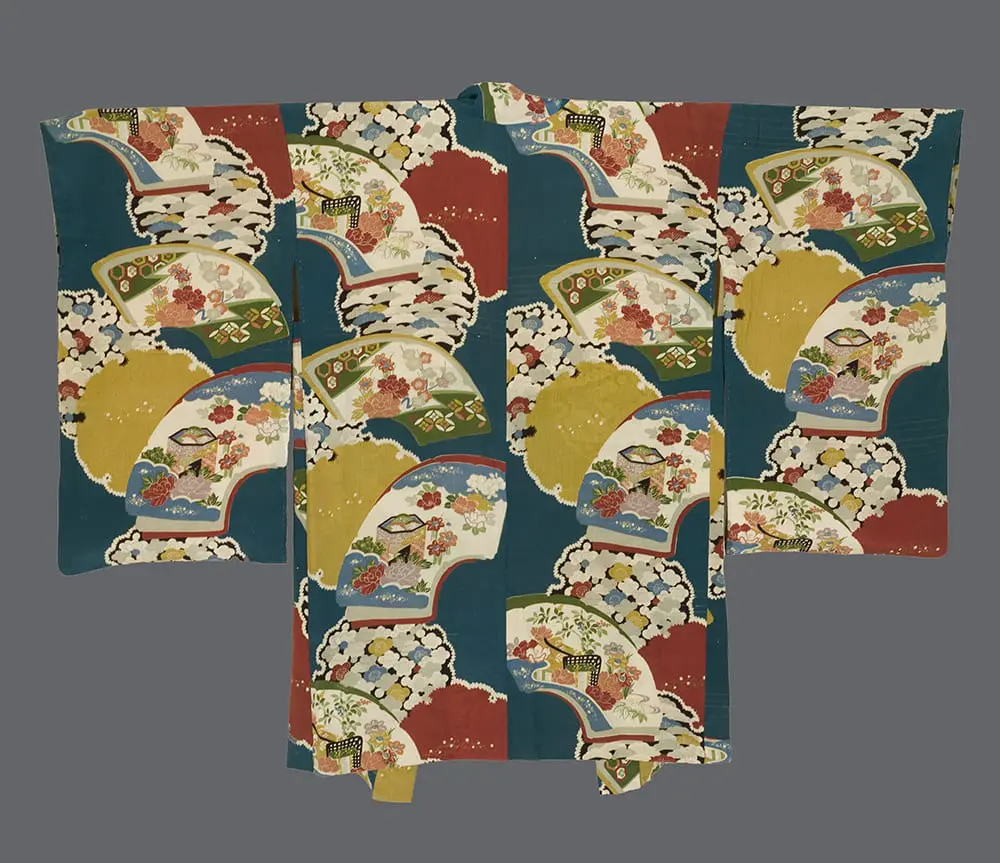 Teal-blue silk haori with large red, yellow, and white cloud patterns and floral folding fans featuring metallic threads.