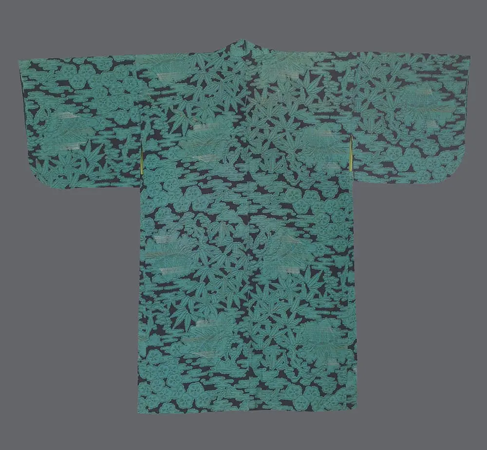 Teal inken rayon haori with a textured woven bamboo leaf pattern and a lime-green and pink shibori inner lining.