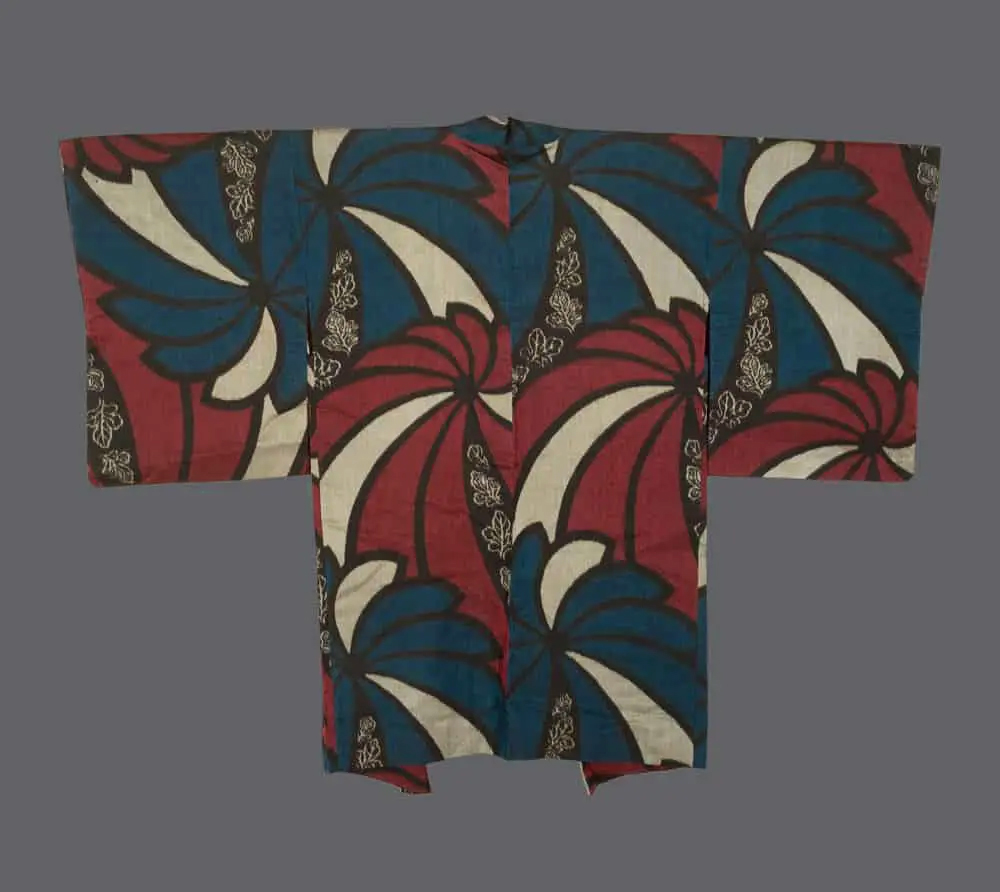 Art Deco Haori. Woven Temari Balls in Red, Blue, and Black with Streamlined Geometric Patterns for Interior Design.