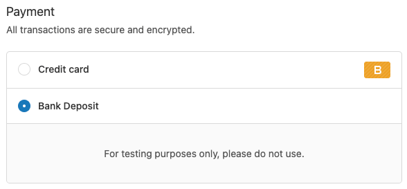 Placing Shopify test order using bank deposit payment