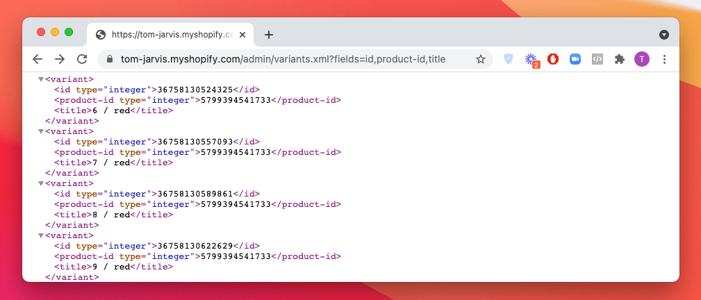 Locating product ID and variant ID in the variants.XML file