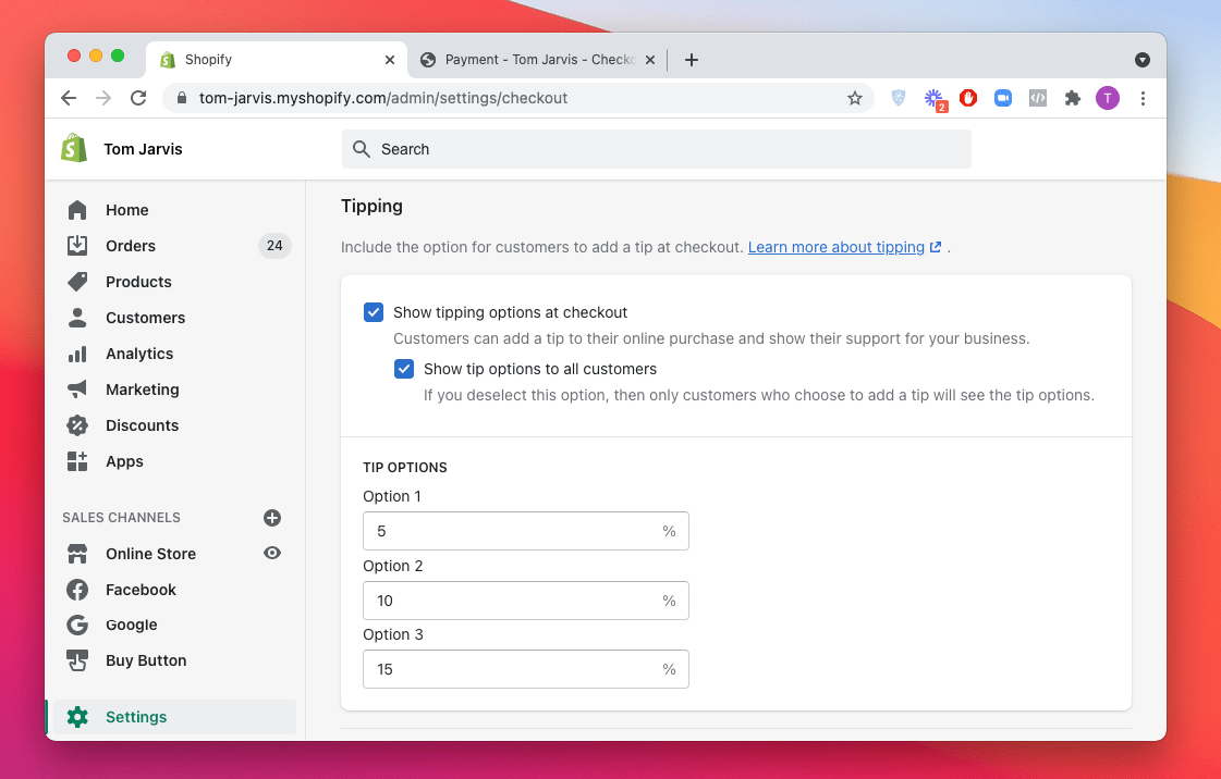 Setting up tipping in the Shopify checkout settings