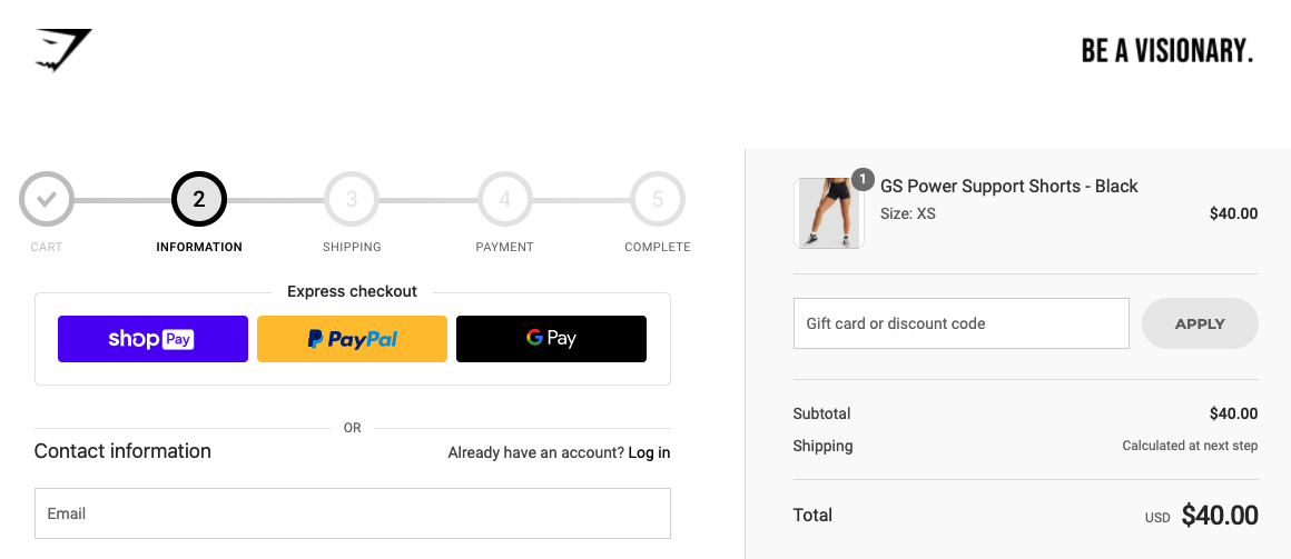 Express checkout payments available in the Gymshark Shopify checkout