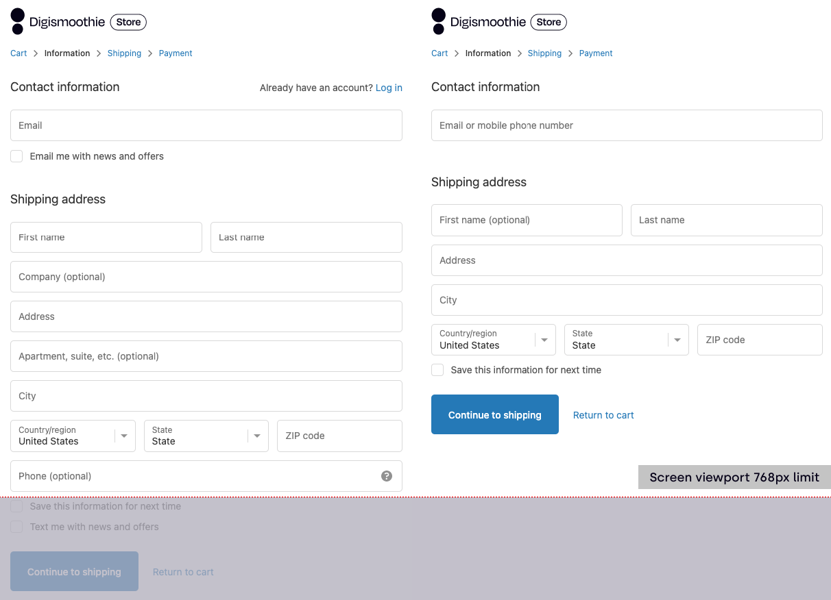 The difference between a "long" and "short" customer information forms on the viewport of 768px height