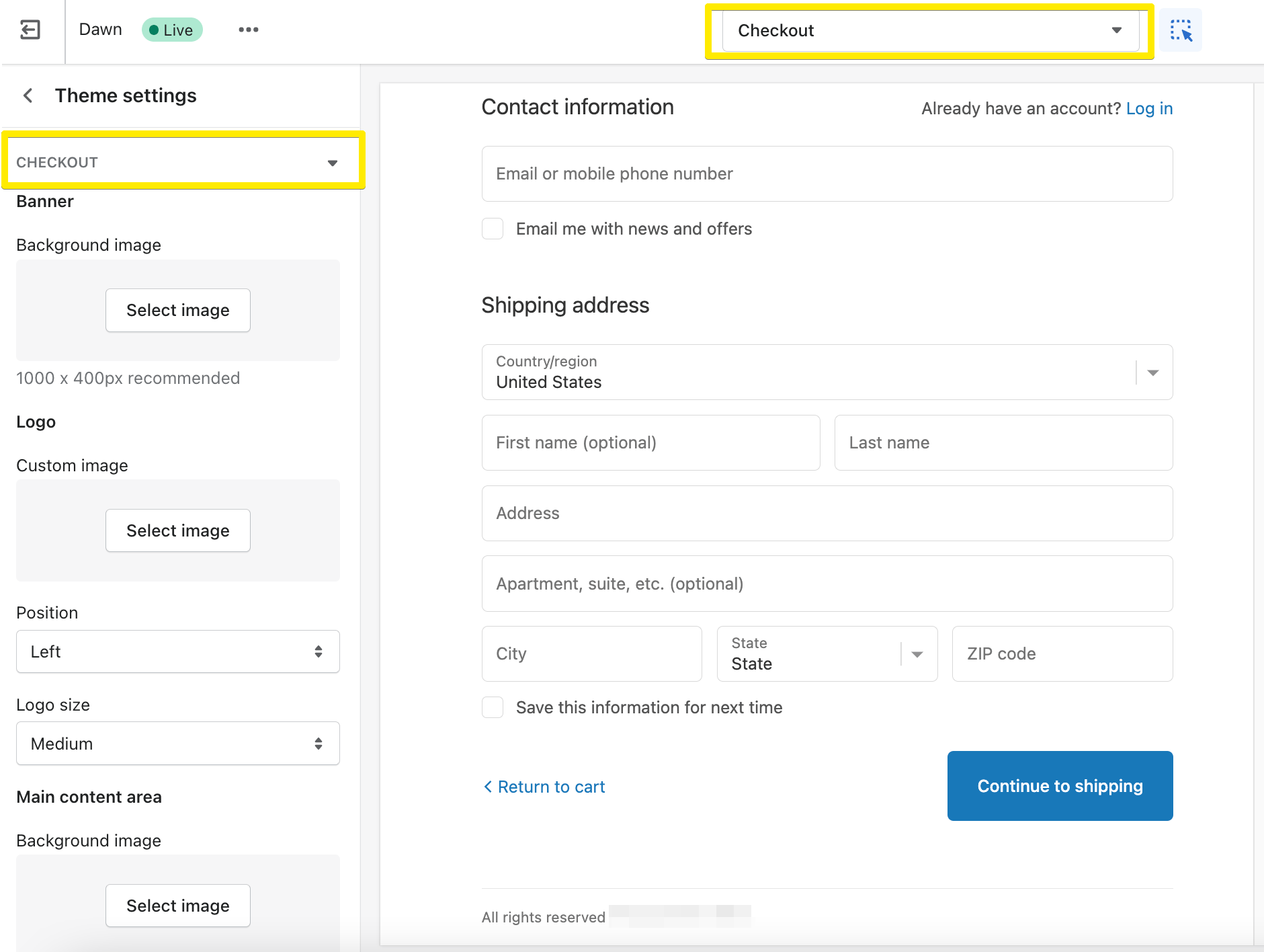 Editing checkout in theme customization