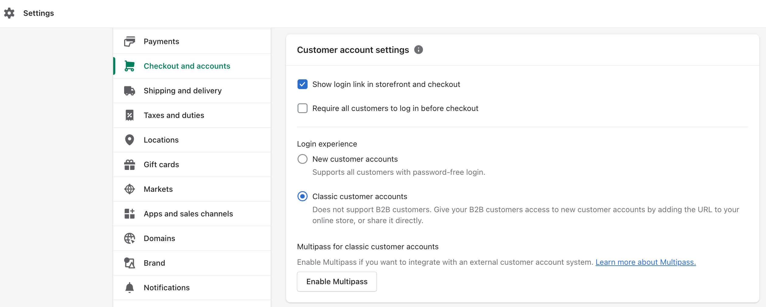 Shopify checkout settings: customer login